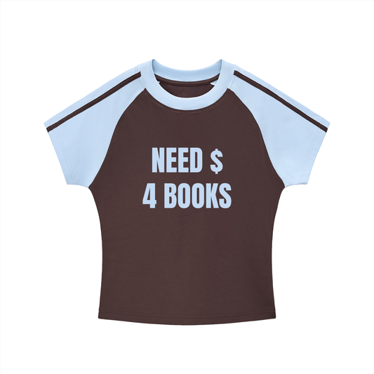 need $ 4 books raglan tee - brown/blue